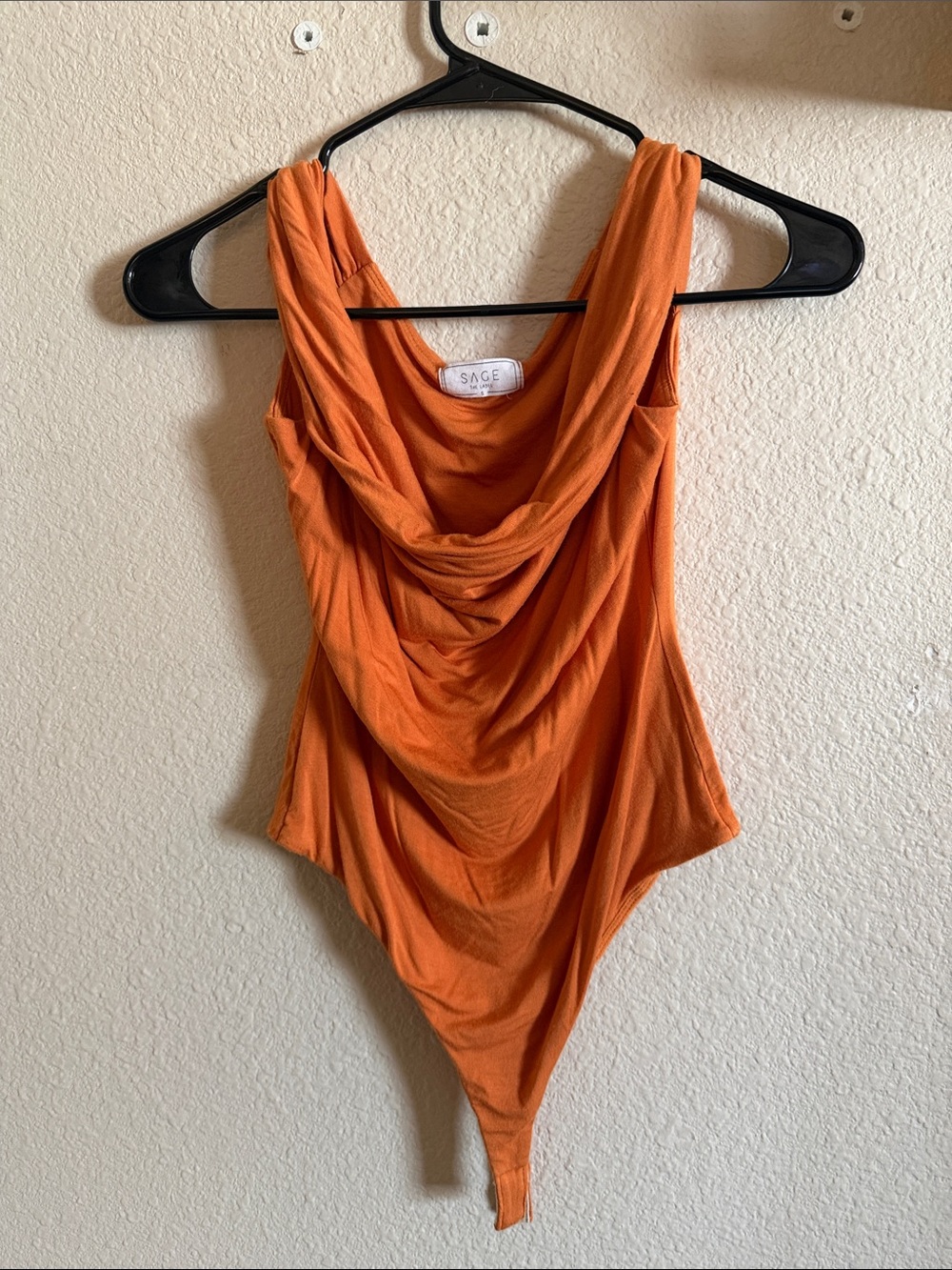 Sage Orange Draped Cowl Neck Bodysuit
